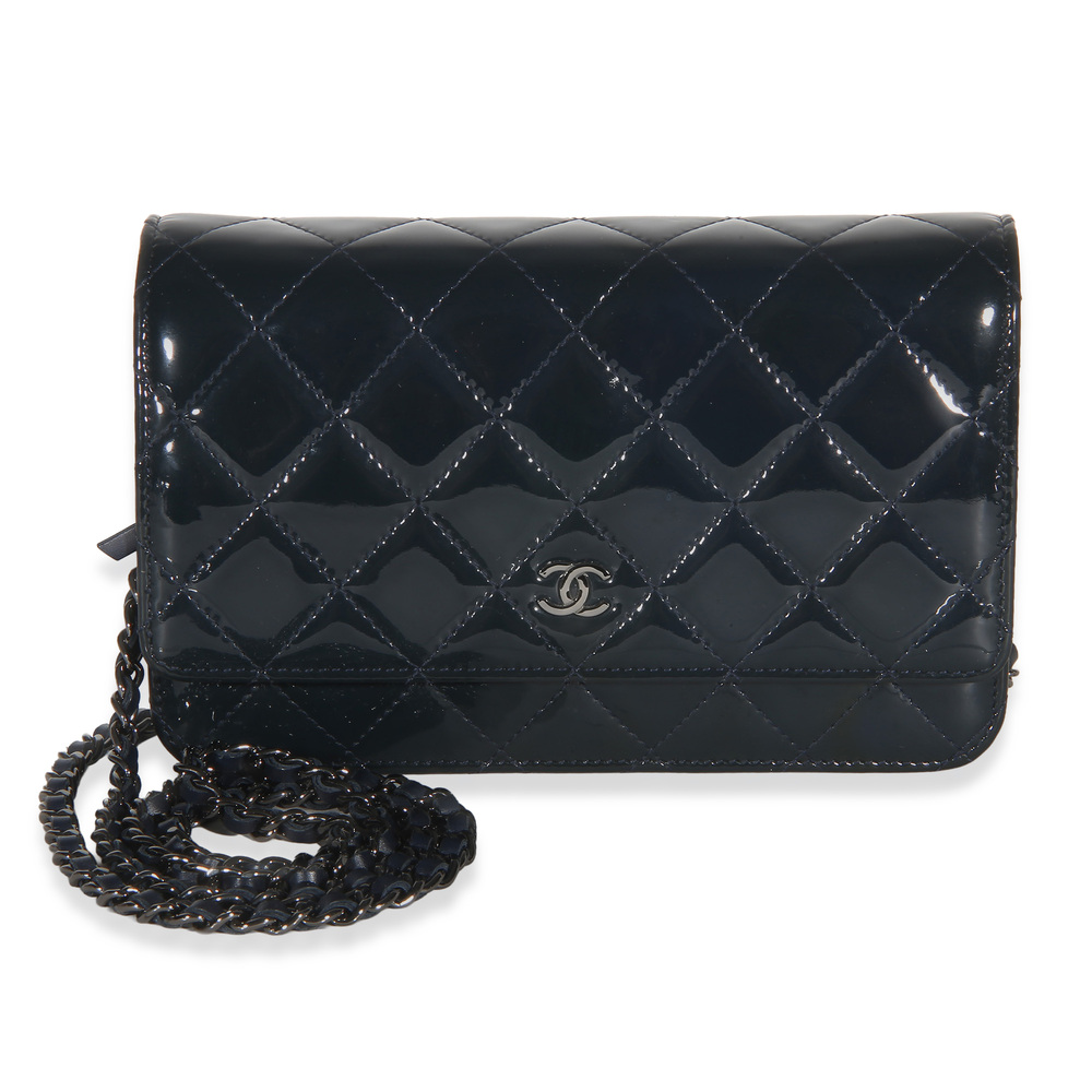 Chanel Navy Quilted Patent Wallet On Chain